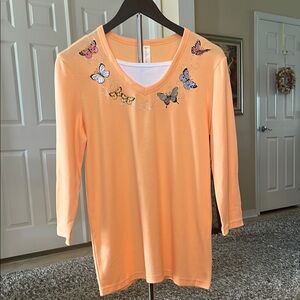 Morning Sun Peach Butterfly Meadow Embellished Women's Top